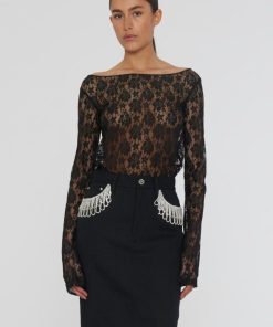 Kvinde ROTATE Toppe & Bluser | Lace Off Shoulder Blouse Black